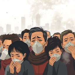 A group of diverse humans, including adults of various ethnicities, depicted in an urban environment, struggling to breathe in heavily polluted air