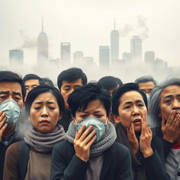 A group of diverse humans, including adults of various ethnicities, depicted in an urban environment, struggling to breathe in heavily polluted air