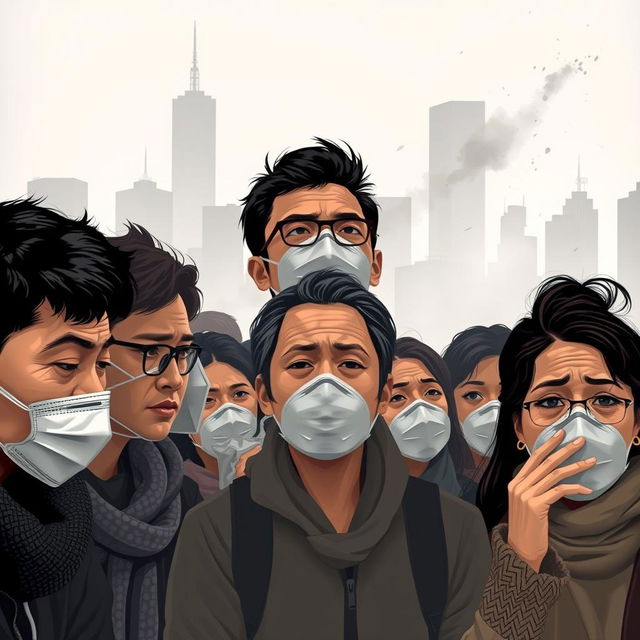 A group of diverse humans, including adults of various ethnicities, depicted in an urban environment, struggling to breathe in heavily polluted air