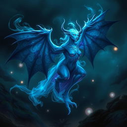 A mystical spirit floating ethereally, its ghostly form shimmering in shades of blue and purple, with wispy, translucent features