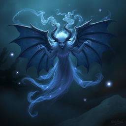 A mystical spirit floating ethereally, its ghostly form shimmering in shades of blue and purple, with wispy, translucent features