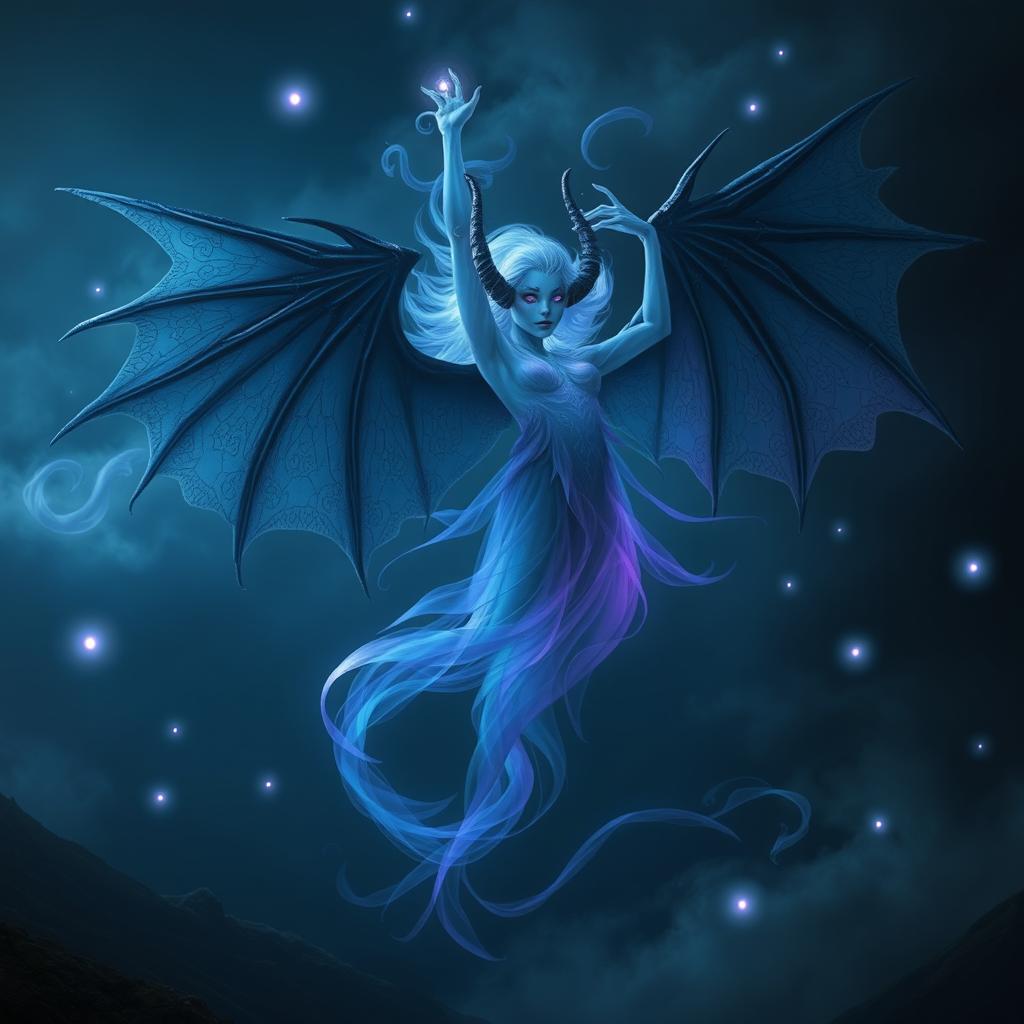 A mystical spirit floating ethereally, its ghostly form shimmering in shades of blue and purple, with wispy, translucent features