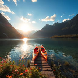 A serene landscape featuring a crystal-clear lake surrounded by majestic mountains, vibrant wildflowers dotting the foreground, and a bright blue sky with fluffy white clouds