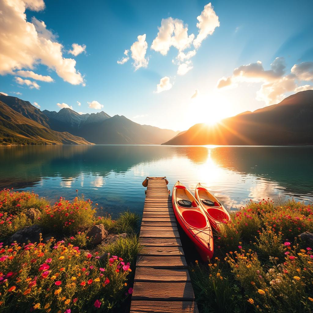 A serene landscape featuring a crystal-clear lake surrounded by majestic mountains, vibrant wildflowers dotting the foreground, and a bright blue sky with fluffy white clouds