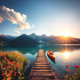 A serene landscape featuring a crystal-clear lake surrounded by majestic mountains, vibrant wildflowers dotting the foreground, and a bright blue sky with fluffy white clouds