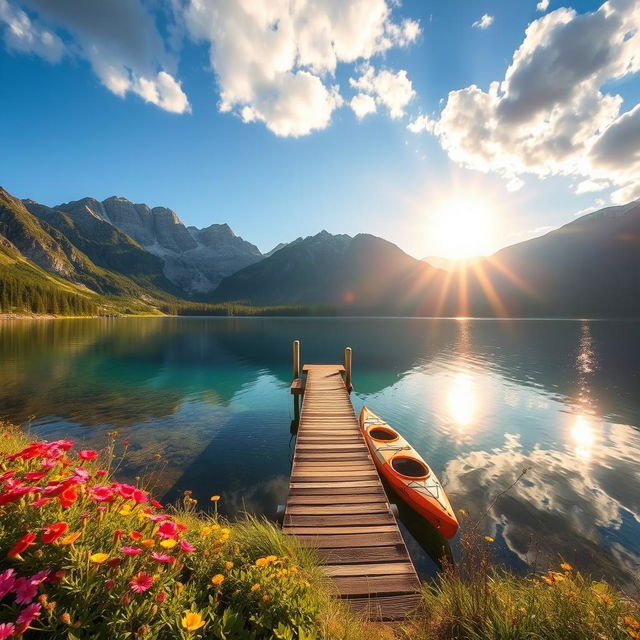 A serene landscape featuring a crystal-clear lake surrounded by majestic mountains, vibrant wildflowers dotting the foreground, and a bright blue sky with fluffy white clouds