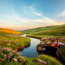 A serene landscape at sunrise featuring a picturesque view of rolling hills covered in lush green grass, vibrant wildflowers in shades of purple and yellow, and a clear blue sky with soft wispy clouds