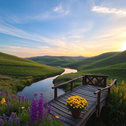 A serene landscape at sunrise featuring a picturesque view of rolling hills covered in lush green grass, vibrant wildflowers in shades of purple and yellow, and a clear blue sky with soft wispy clouds