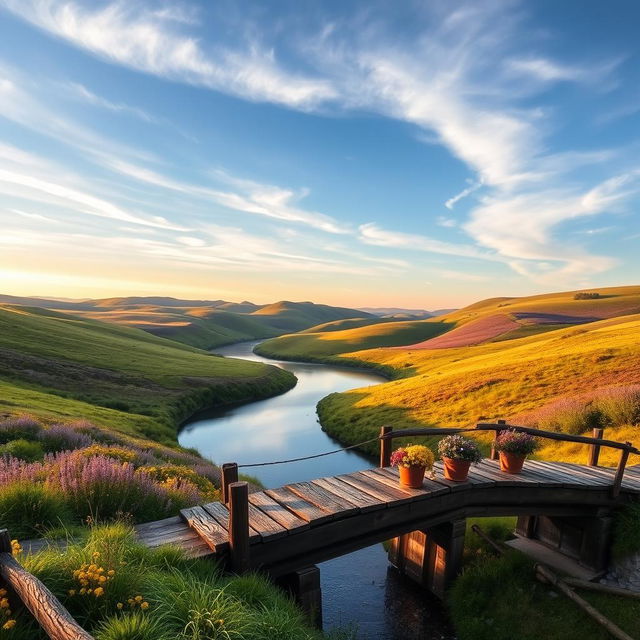 A serene landscape at sunrise featuring a picturesque view of rolling hills covered in lush green grass, vibrant wildflowers in shades of purple and yellow, and a clear blue sky with soft wispy clouds