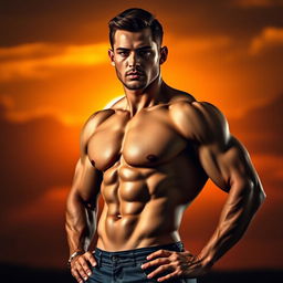 A captivating portrait of a muscular male body, showcasing well-defined abs, broad shoulders, and sculpted arms