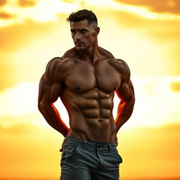 A captivating portrait of a muscular male body, showcasing well-defined abs, broad shoulders, and sculpted arms