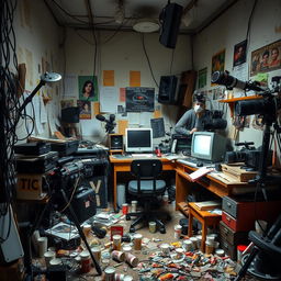 A cluttered and chaotic YouTube studio filled with tangled wires, disorganized equipment, and scattered notes