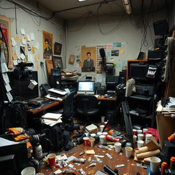 A cluttered and chaotic YouTube studio filled with tangled wires, disorganized equipment, and scattered notes