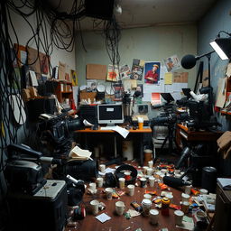 A cluttered and chaotic YouTube studio filled with tangled wires, disorganized equipment, and scattered notes