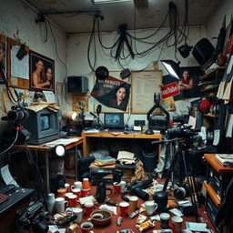 A cluttered and chaotic YouTube studio filled with tangled wires, disorganized equipment, and scattered notes