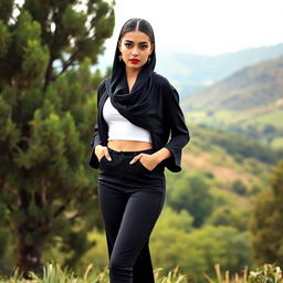An elegant Iranian woman in a striking full open-front black manto, complemented by a fitted white crop top and sleek black tights