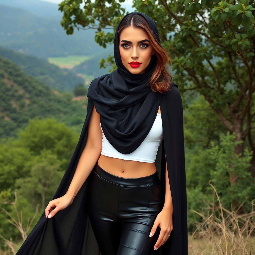 An elegant Iranian woman in a striking full open-front black manto, complemented by a fitted white crop top and sleek black tights