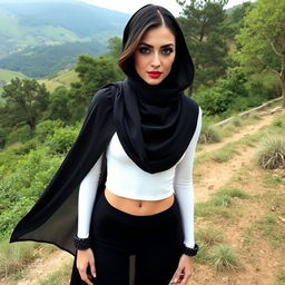 An elegant Iranian woman in a striking full open-front black manto, complemented by a fitted white crop top and sleek black tights