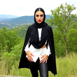 An elegant Iranian woman in a striking full open-front black manto, complemented by a fitted white crop top and sleek black tights