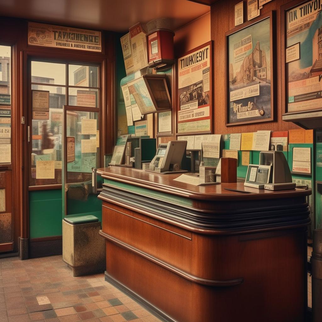 A quaint, small ticketing office nestled in a bustling cityscape. The office features an antique wooden counter, retro ticket dispenser, and walls adorned with vintage travel posters.