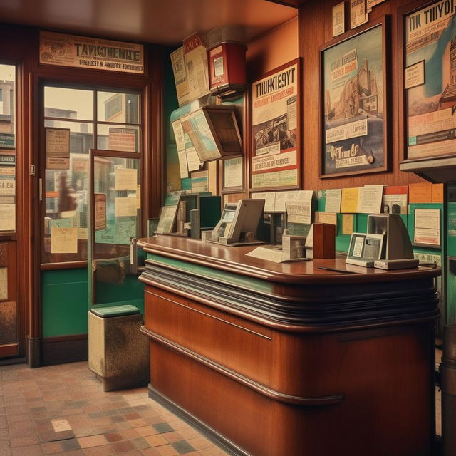 A quaint, small ticketing office nestled in a bustling cityscape. The office features an antique wooden counter, retro ticket dispenser, and walls adorned with vintage travel posters.