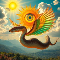 A mesmerizing scene featuring a vibrant sun with a large, captivating eye at its center, radiating golden rays and surrounded by fluffy clouds