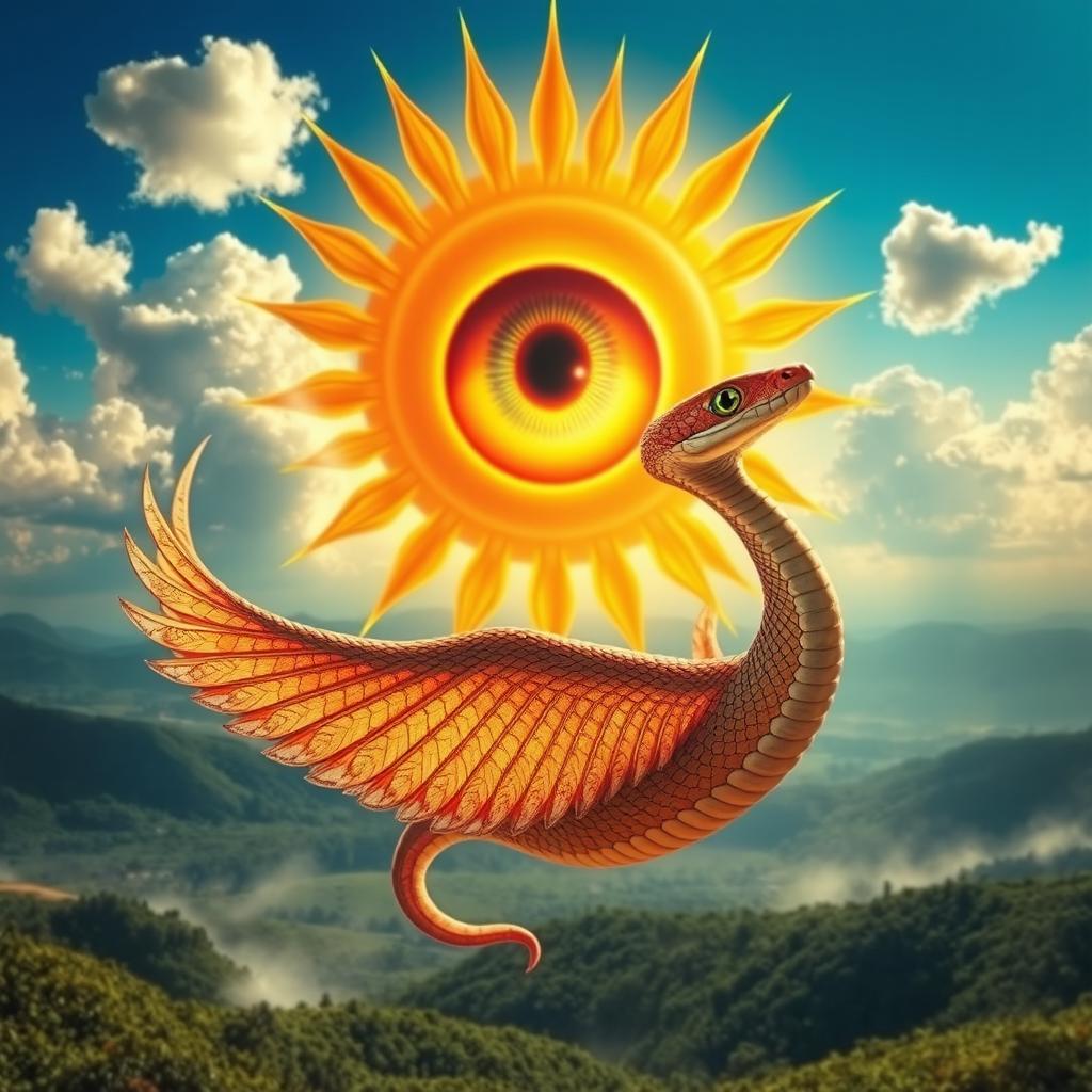 A mesmerizing scene featuring a vibrant sun with a large, captivating eye at its center, radiating golden rays and surrounded by fluffy clouds