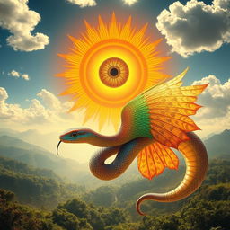A mesmerizing scene featuring a vibrant sun with a large, captivating eye at its center, radiating golden rays and surrounded by fluffy clouds