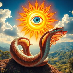A mesmerizing scene featuring a vibrant sun with a large, captivating eye at its center, radiating golden rays and surrounded by fluffy clouds