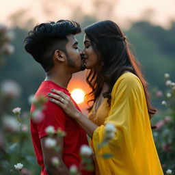 A romantic scene depicting a handsome boy named Sofar wearing a vibrant red t-shirt, gently kissing the lips of his girlfriend Mahiya, who is dressed in a lovely flowing yellow dress