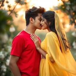A romantic scene depicting a handsome boy named Sofar wearing a vibrant red t-shirt, gently kissing the lips of his girlfriend Mahiya, who is dressed in a lovely flowing yellow dress