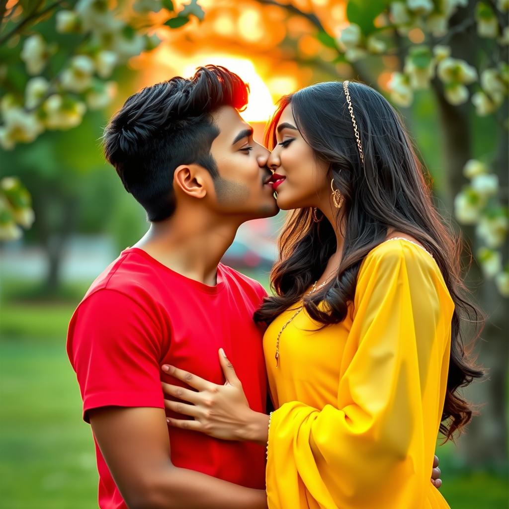 A romantic scene depicting a handsome boy named Sofar wearing a vibrant red t-shirt, gently kissing the lips of his girlfriend Mahiya, who is dressed in a lovely flowing yellow dress