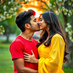 A romantic scene depicting a handsome boy named Sofar wearing a vibrant red t-shirt, gently kissing the lips of his girlfriend Mahiya, who is dressed in a lovely flowing yellow dress