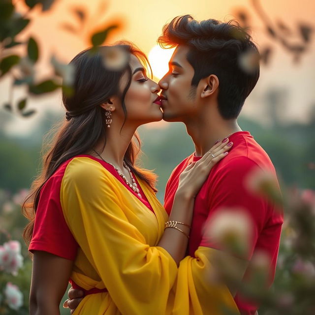 A romantic scene depicting a handsome boy named Sofar wearing a vibrant red t-shirt, gently kissing the lips of his girlfriend Mahiya, who is dressed in a lovely flowing yellow dress