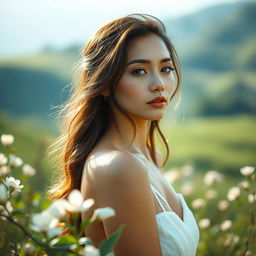 A full-body portrait of a beautiful woman in an artistic pose, with soft natural lighting illuminating her skin