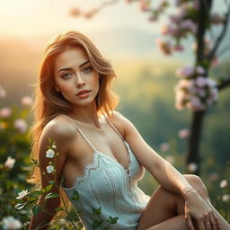 A full-body portrait of a beautiful woman in an artistic pose, with soft natural lighting illuminating her skin