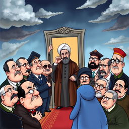 A satirical caricature depicting a humorous scene of various dictators including Saddam Hussein, Muammar Gaddafi, Adolf Hitler, Joseph Stalin, Vladimir Putin, Kim Jong Un, Bashar Assad, Ismail Haniyeh, Hassan Nasrallah, Pol Pot, Hirohito, Antonio Guterres, and Ebrahim Raisi, all gathered together in a cartoonish fashion