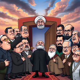 A satirical caricature depicting a humorous scene of various dictators including Saddam Hussein, Muammar Gaddafi, Adolf Hitler, Joseph Stalin, Vladimir Putin, Kim Jong Un, Bashar Assad, Ismail Haniyeh, Hassan Nasrallah, Pol Pot, Hirohito, Antonio Guterres, and Ebrahim Raisi, all gathered together in a cartoonish fashion