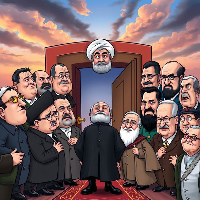 A satirical caricature depicting a humorous scene of various dictators including Saddam Hussein, Muammar Gaddafi, Adolf Hitler, Joseph Stalin, Vladimir Putin, Kim Jong Un, Bashar Assad, Ismail Haniyeh, Hassan Nasrallah, Pol Pot, Hirohito, Antonio Guterres, and Ebrahim Raisi, all gathered together in a cartoonish fashion