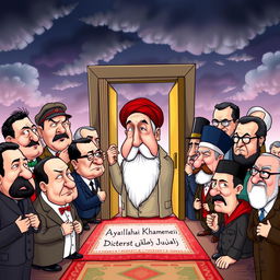 A satirical caricature depicting a humorous scene of various dictators including Saddam Hussein, Muammar Gaddafi, Adolf Hitler, Joseph Stalin, Vladimir Putin, Kim Jong Un, Bashar Assad, Ismail Haniyeh, Hassan Nasrallah, Pol Pot, Hirohito, Antonio Guterres, and Ebrahim Raisi, all gathered together in a cartoonish fashion
