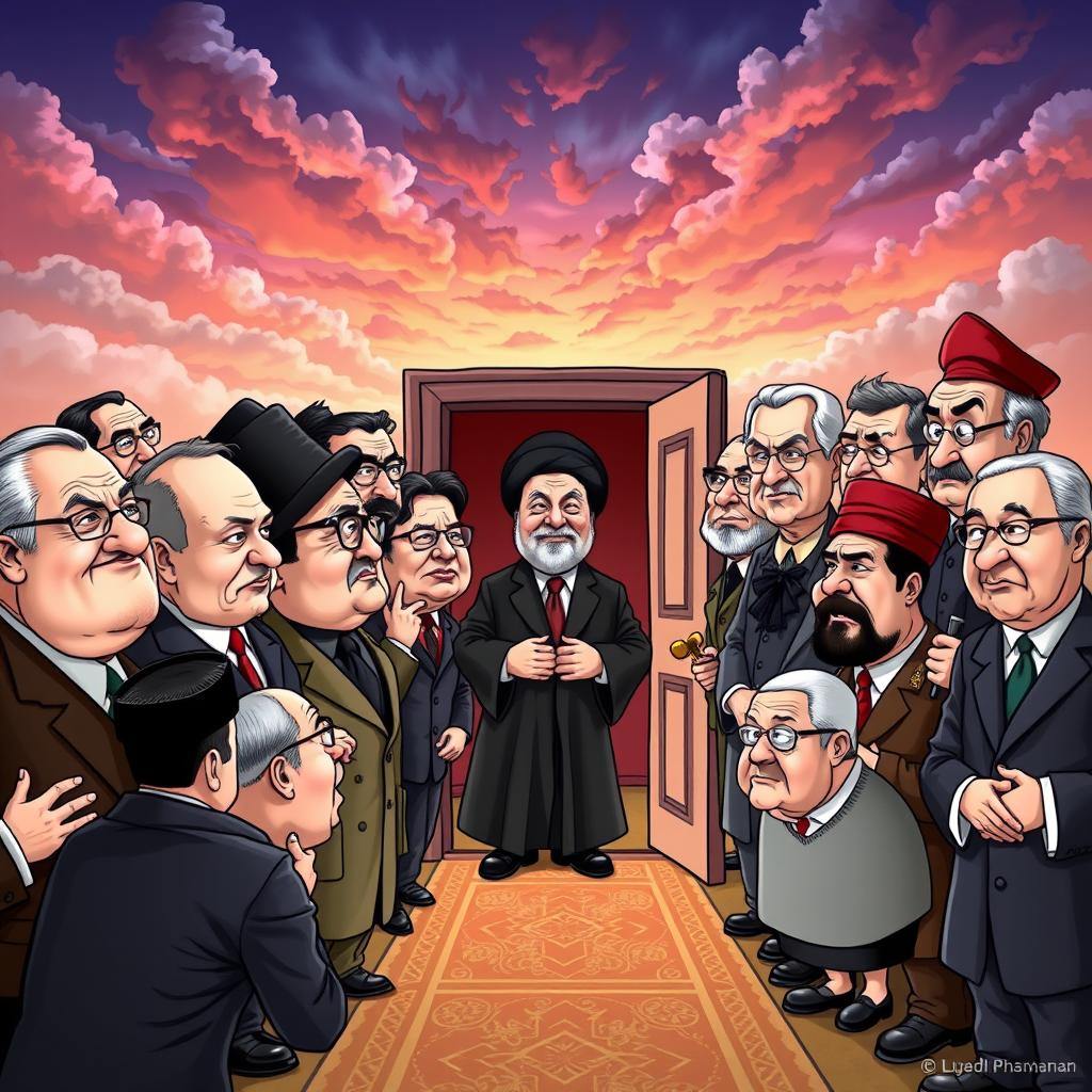 A satirical caricature depicting a humorous scene of various dictators including Saddam Hussein, Muammar Gaddafi, Adolf Hitler, Joseph Stalin, Vladimir Putin, Kim Jong Un, Bashar Assad, Ismail Haniyeh, Hassan Nasrallah, Pol Pot, Hirohito, Antonio Guterres, and Ebrahim Raisi, all gathered together in a cartoonish fashion