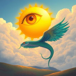 A surrealistic illustration featuring a giant, luminous sun with a large, expressive eye at its center, casting a warm golden light over the landscape