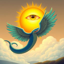 A surrealistic illustration featuring a giant, luminous sun with a large, expressive eye at its center, casting a warm golden light over the landscape
