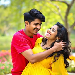 A playful and intimate scene featuring a handsome boy named Sofar, wearing a vibrant red t-shirt, playfully embracing his girlfriend Mahiya, who is dressed in a flowing yellow dress