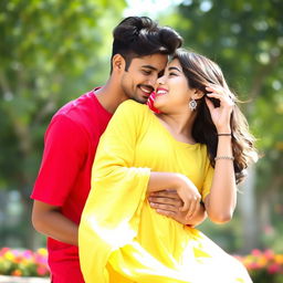 A playful and intimate scene featuring a handsome boy named Sofar, wearing a vibrant red t-shirt, playfully embracing his girlfriend Mahiya, who is dressed in a flowing yellow dress