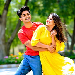 A playful and intimate scene featuring a handsome boy named Sofar, wearing a vibrant red t-shirt, playfully embracing his girlfriend Mahiya, who is dressed in a flowing yellow dress