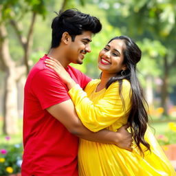 A playful and intimate scene featuring a handsome boy named Sofar, wearing a vibrant red t-shirt, playfully embracing his girlfriend Mahiya, who is dressed in a flowing yellow dress