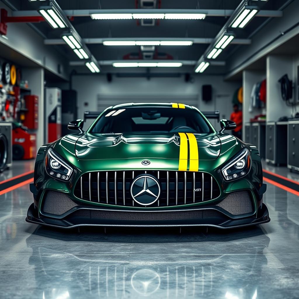 A stunning dark metallic green AMG GT3, featuring striking factory yellow stripes, showcased inside an artificially lit pit garage