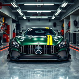 A stunning dark metallic green AMG GT3, featuring striking factory yellow stripes, showcased inside an artificially lit pit garage