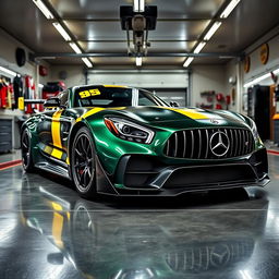 A stunning dark metallic green AMG GT3, featuring striking factory yellow stripes, showcased inside an artificially lit pit garage